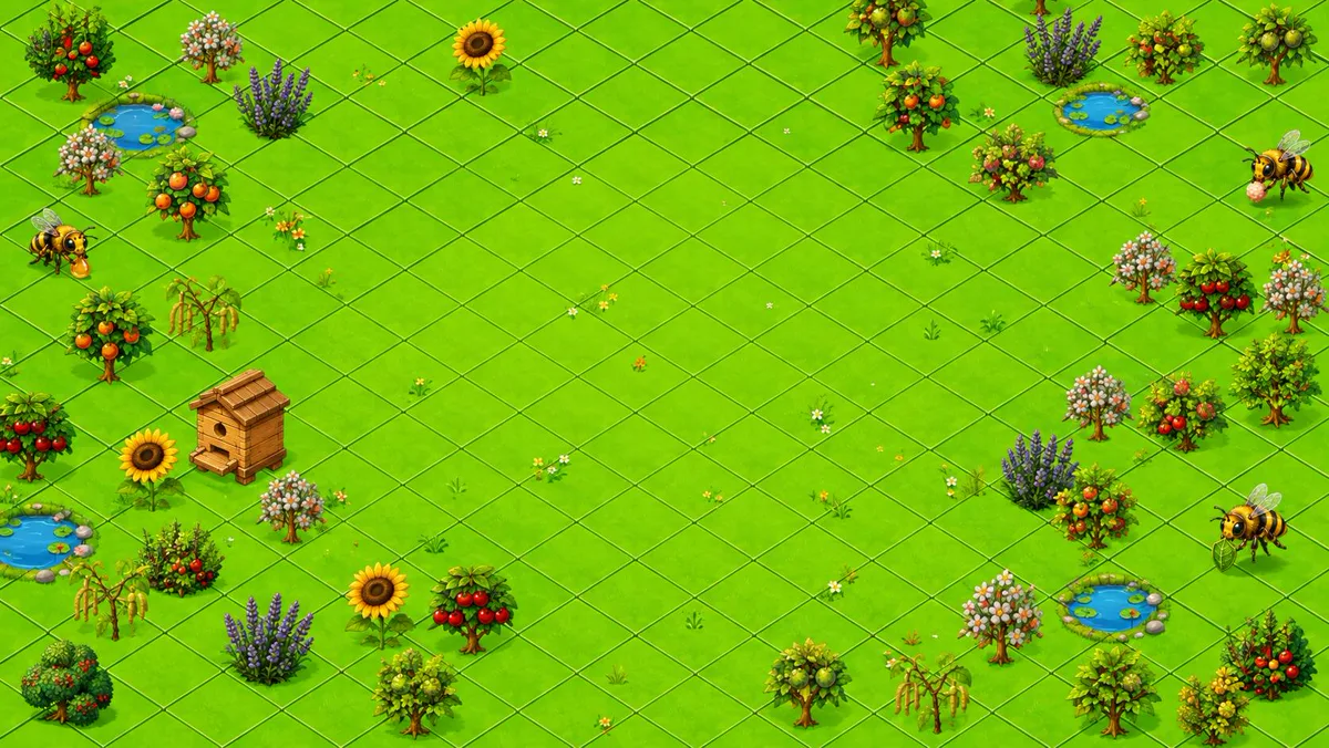 Rucher et végétation en vue isométrique dans BeeStory