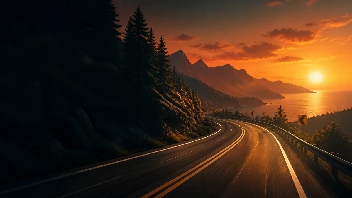 Route de montagne au coucher du soleil pour le jeu Driver
